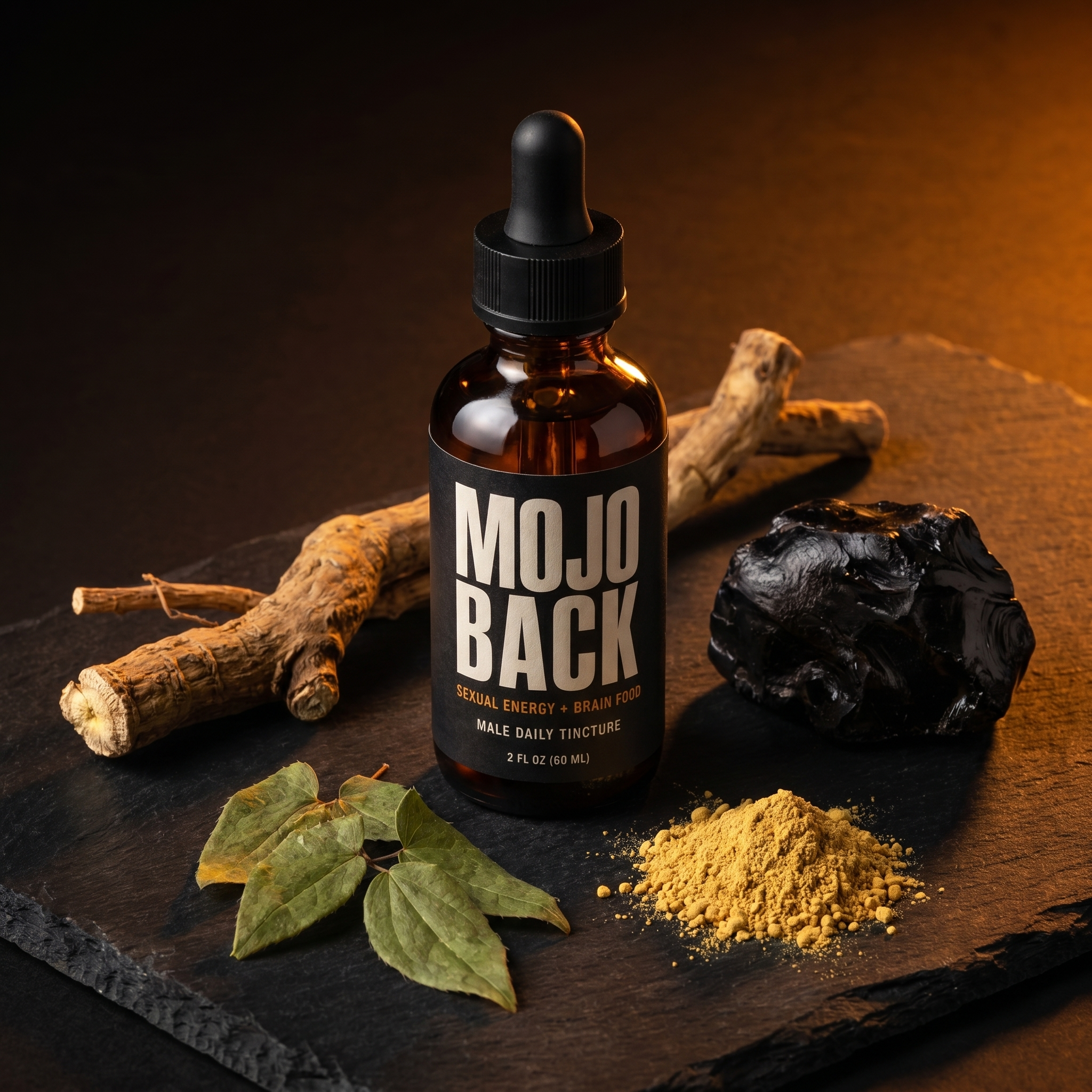 MOJO BACK bottle with raw botanicals — tongkat ali root, shilajit resin, epimedium, pine pollen