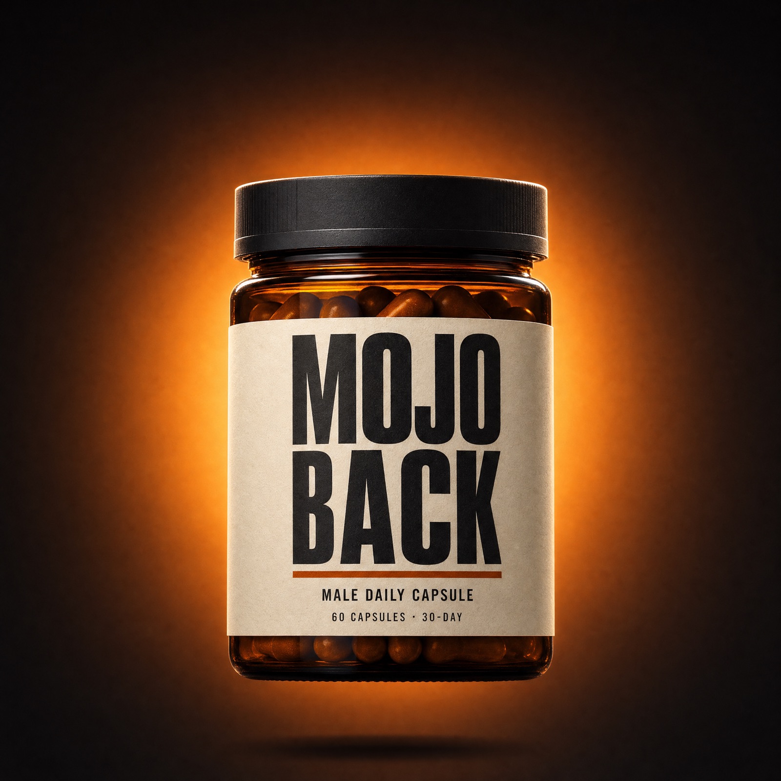 MOJO BACK capsule jar in an amber glow