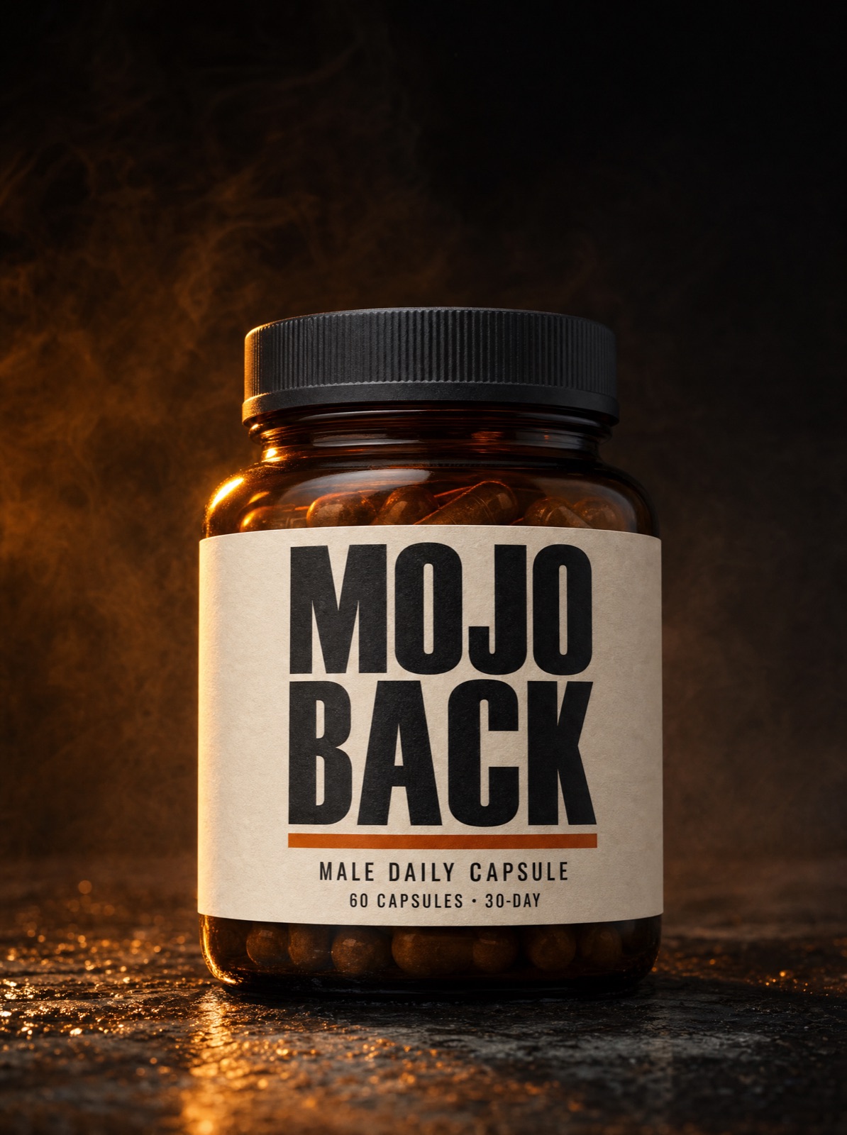 MOJO BACK male daily capsule — amber glass jar, matte black cap, on wet stone in amber light