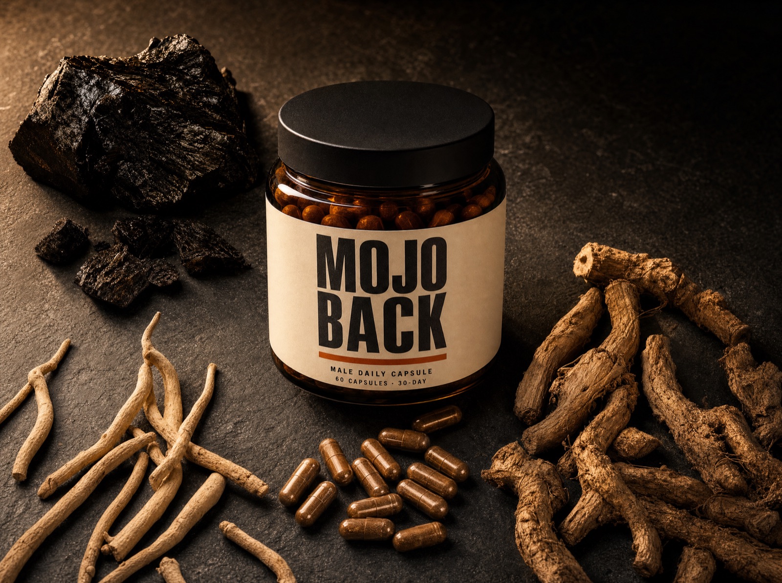 MOJO BACK jar surrounded by its raw source botanicals — shilajit resin, ashwagandha and tongkat ali roots, loose capsules