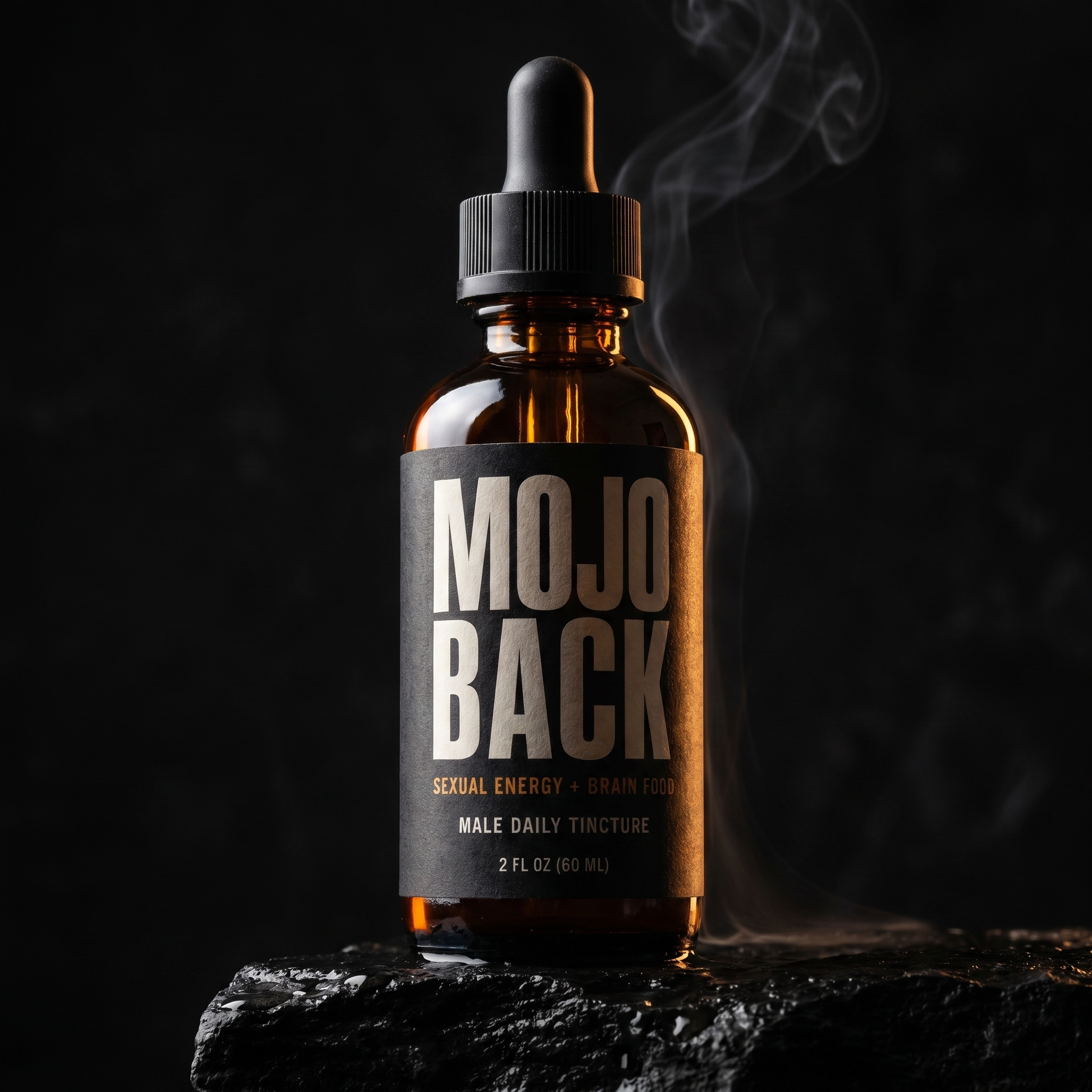 MOJO BACK tincture, cinematic low-light render